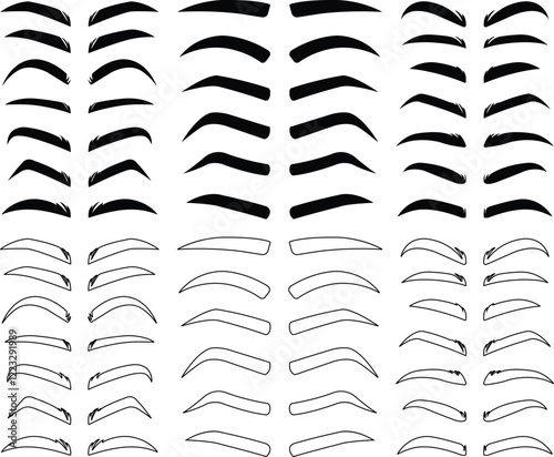 Eyebrows shaping icons in flat line set. different style male and female vector for apps or website black eyebrow linear isolated on transparent background Unkept shaggy and bushy eyelash
