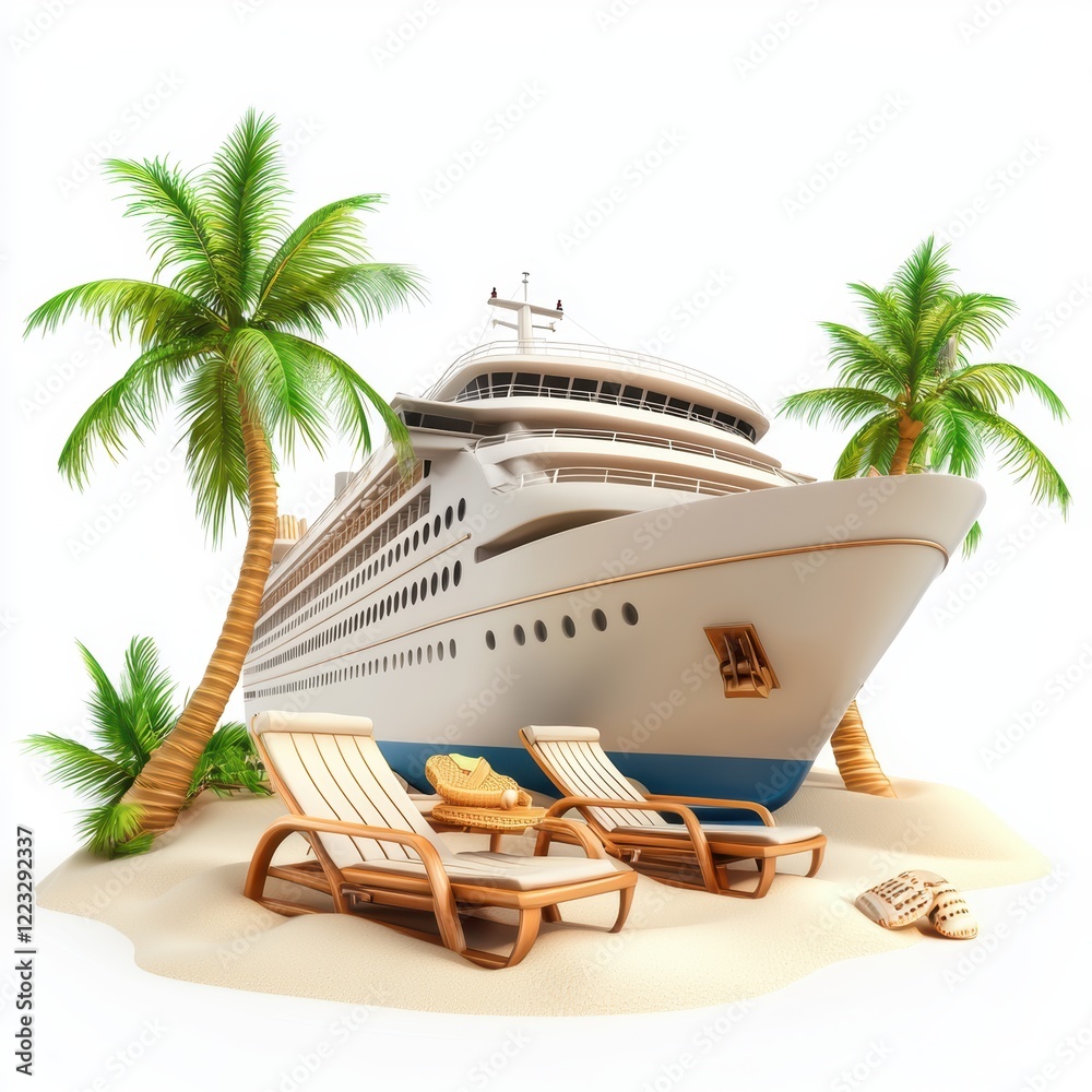 Obraz premium 3D icon cruise ship with palm trees and beach chairs, isolated on a white background --quality 2