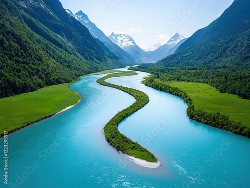 Serene glacierfed river winding through a valley, surrounded by rugged peaks and lush green forest photo