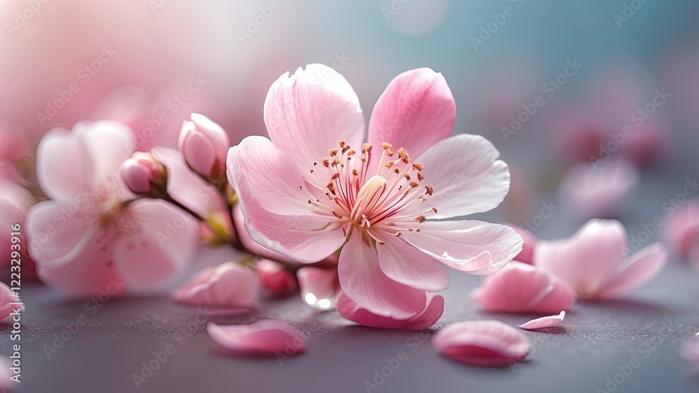 A close-up of delicate pink cherry blossoms on a branch, set against a soft blue background with subtle bokeh effects. A close-up of delicate pink cherry blossoms on a branch, set against a soft blue background with subtle bokeh effects.