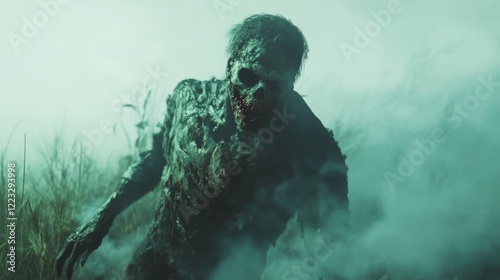 Zombie with a bloody mouth in a field. Generative AI