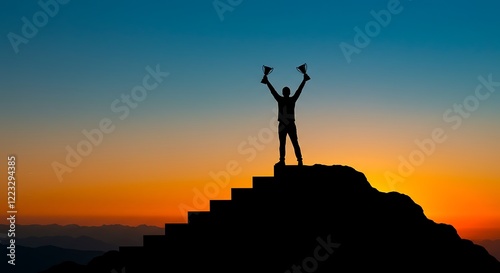 Concept of success in a competition with a man who wields a trophy at the top of a staircase after winning a race.
 photo