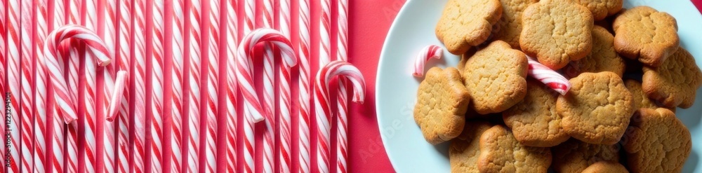 Red and white striped candy canes bordering a plate of gingerbread cookies, stripes, holiday Red and white striped candy canes bordering a plate of gingerbread cookies, stripes, holiday