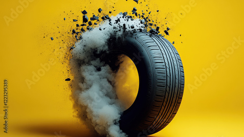 Dynamic image of a car tire exploding with smoke and debris flying, set against a bold yellow background, symbolizing impact.
 photo