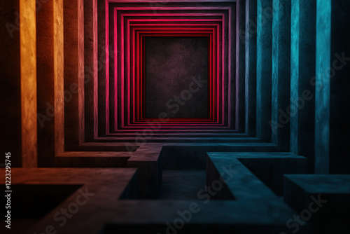 surreal maze with glowing vibrant trails, each representing unique path, creates mesmerizing visual experience. colorful lights illuminate geometric patterns, enhancing mysterious atmosphere photo