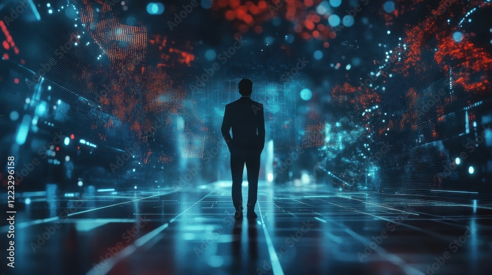 Silhouette of businessman in futuristic digital environment with red and blue lights Silhouette of businessman in futuristic digital environment with red and blue lights