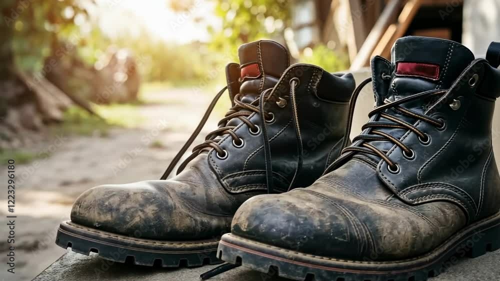 Weathered leather boots resting outdoors in sunny rustic setting