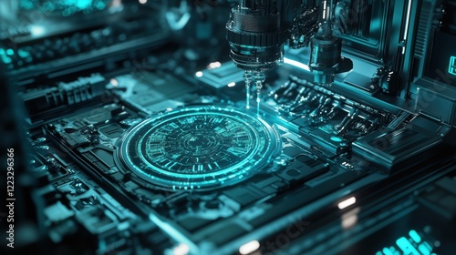 Detailed closeup of a microfactorys tool station where specialized equipment is organized efficiently allowing for quick swaps between different manufacturing tasks. photo