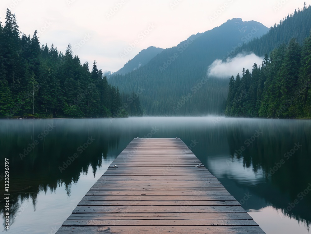 Fototapeta premium Foggy mountain lake with a small wooden dock, surrounded by dense forest and soft dawn colors