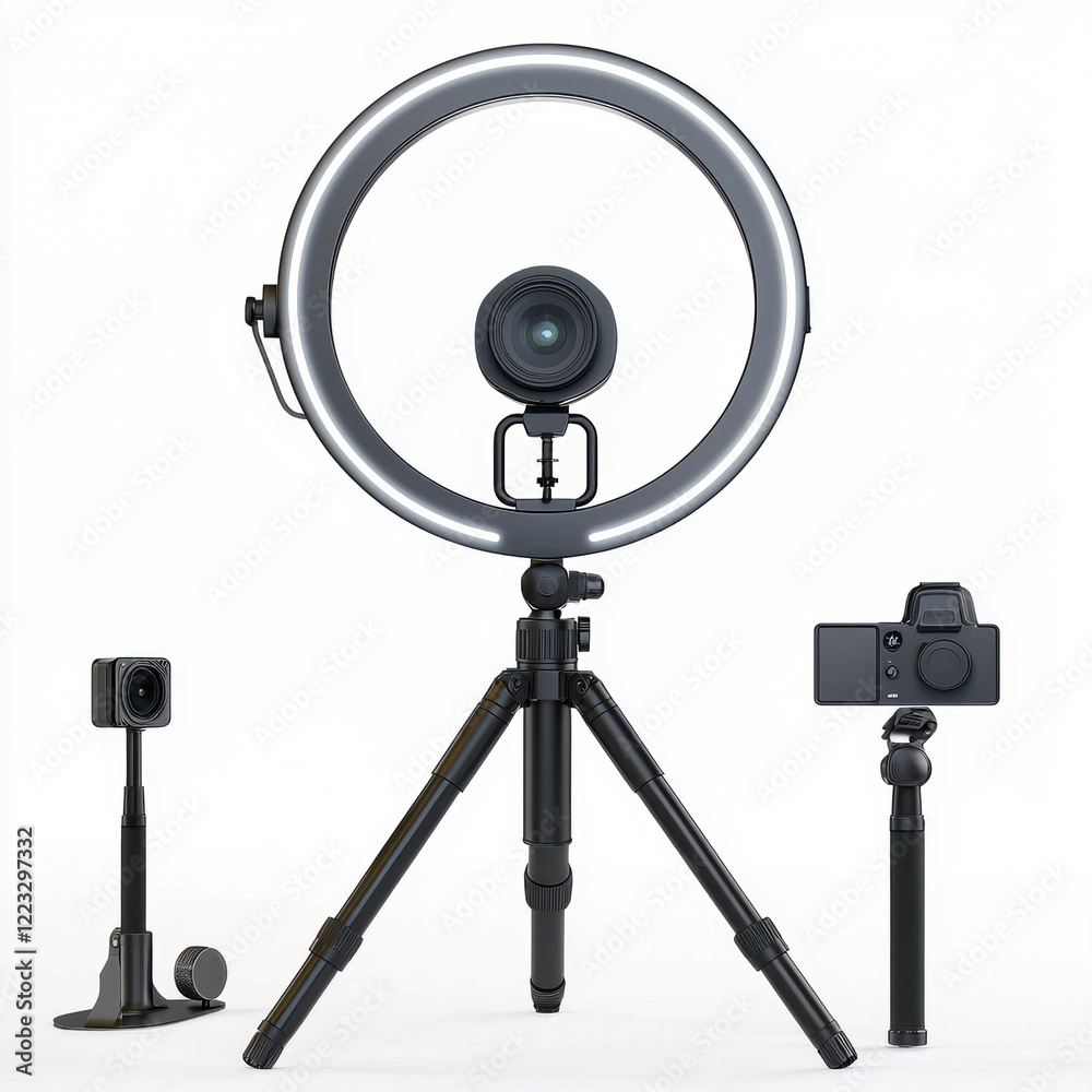 Obraz premium 3D icon cartoon ring light setup for professional vlogging, isolated on a white background