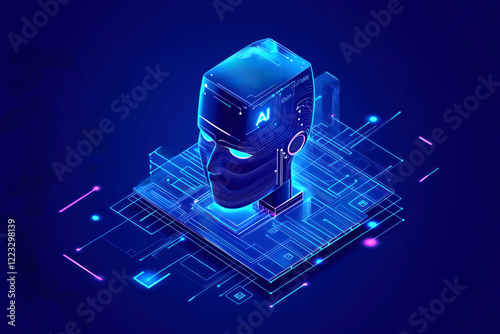 A glowing robotic head labeled "AI," integrated into a futuristic digital matrix, surrounded by neon circuitry and a high-tech environment