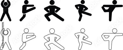 Exercise Fitness Sport people making exercises vector for apps or web training activity, workout Yoga pose, meditate practice Health icon in flat, line set isolated on transparent background