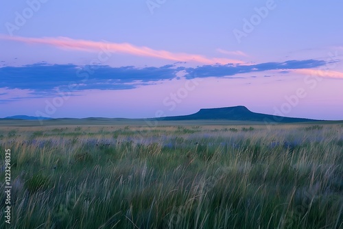 A picturesque sunset scene featuring a flattopped mountain silhouetted against a vibrant purple and blue sky. Tall grass dominates the foreground. photo