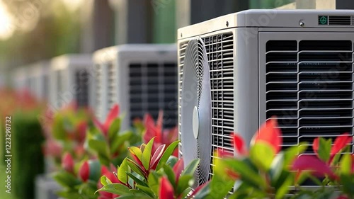Air conditioning units beside vibrant flowers in a sunny setting.