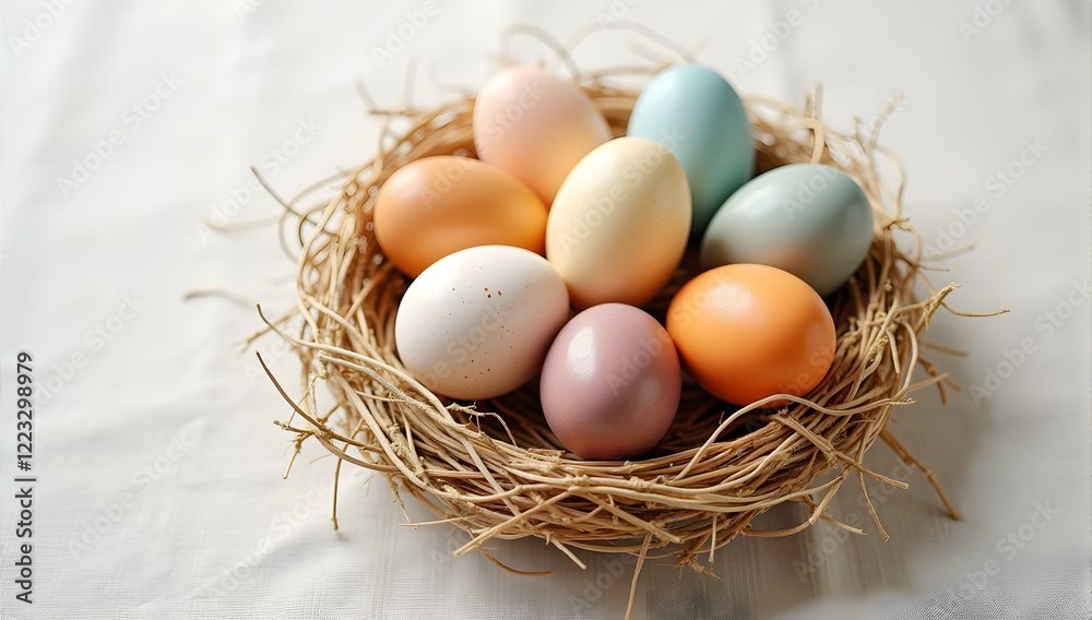 Easter eggs in a rustic nest on a neutral beige fabric background, a cozy and natural spring holiday composition with plenty of copy space for seasonal greetings Easter eggs in a rustic nest on a neutral beige fabric background, a cozy and natural spring holiday composition with plenty of copy space for seasonal greetings