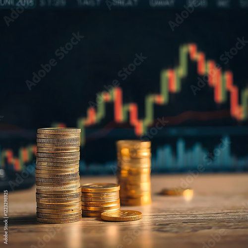 Financial growth chart, stacked gold coins