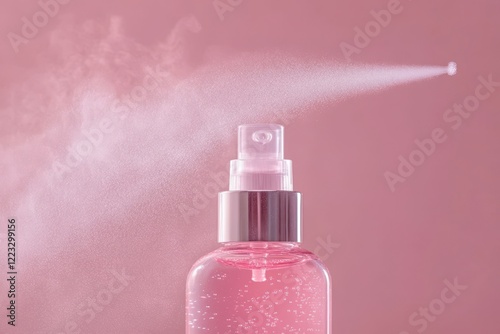 Colorful mist sprays from a pink bottle against a dreamy pastel background in a well-lit space