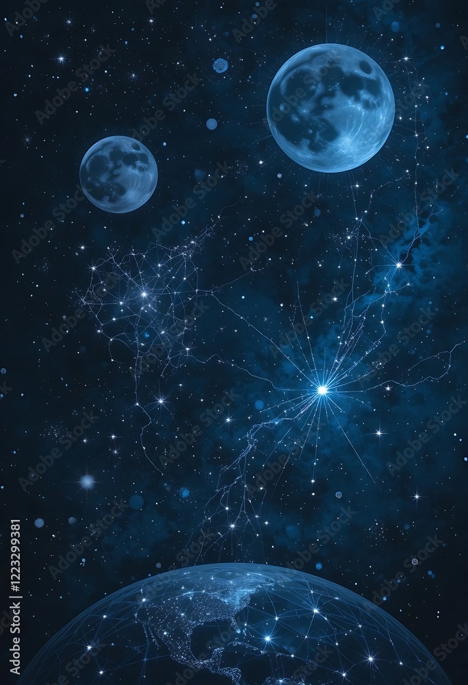 Fototapeta premium Celestial Network Connecting Planets And Stars