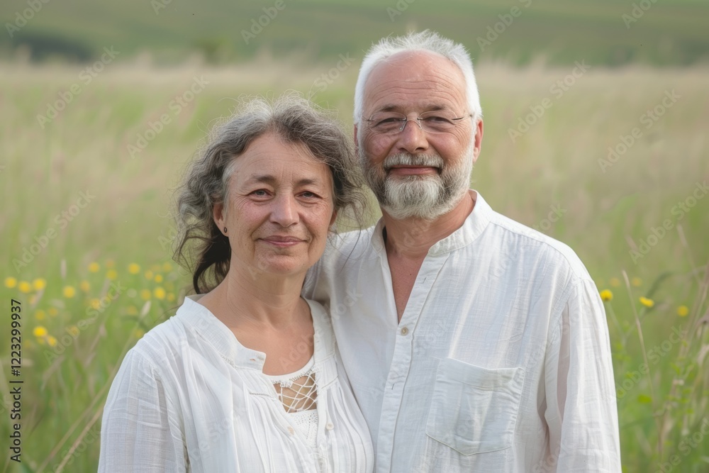 Portrait of a content caucasian couple in their 50s wearing a simple cotton shirt while standing against quiet countryside landscape Portrait of a content caucasian couple in their 50s wearing a simple cotton shirt while standing against quiet countryside landscape