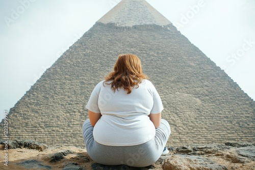 Female tourist exploring the Pyramids of Giza, witnessing ancient wonders at sunrise photo