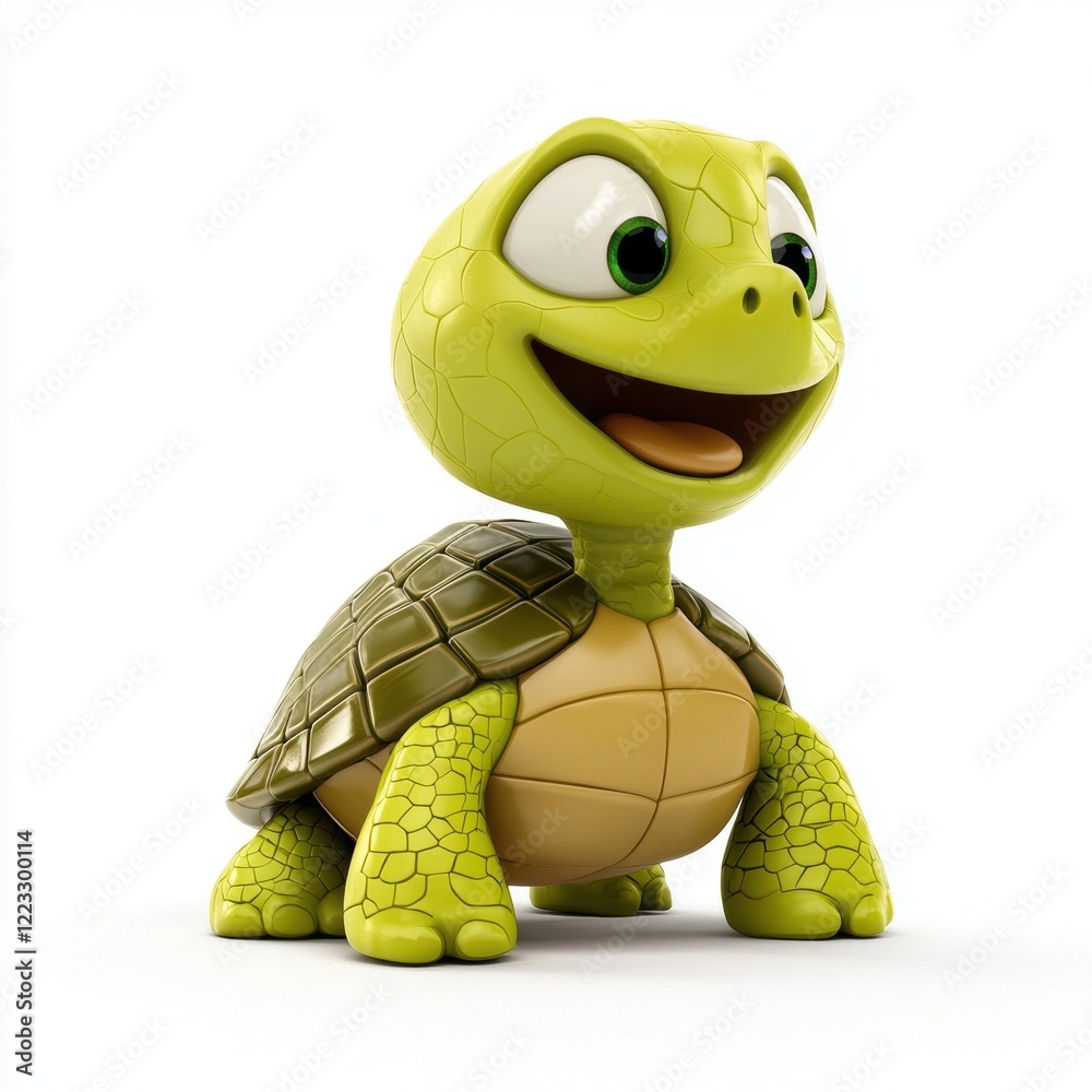 Fototapeta premium 3D icon cartoon smiling turtle with a shell pattern, isolated on a white background