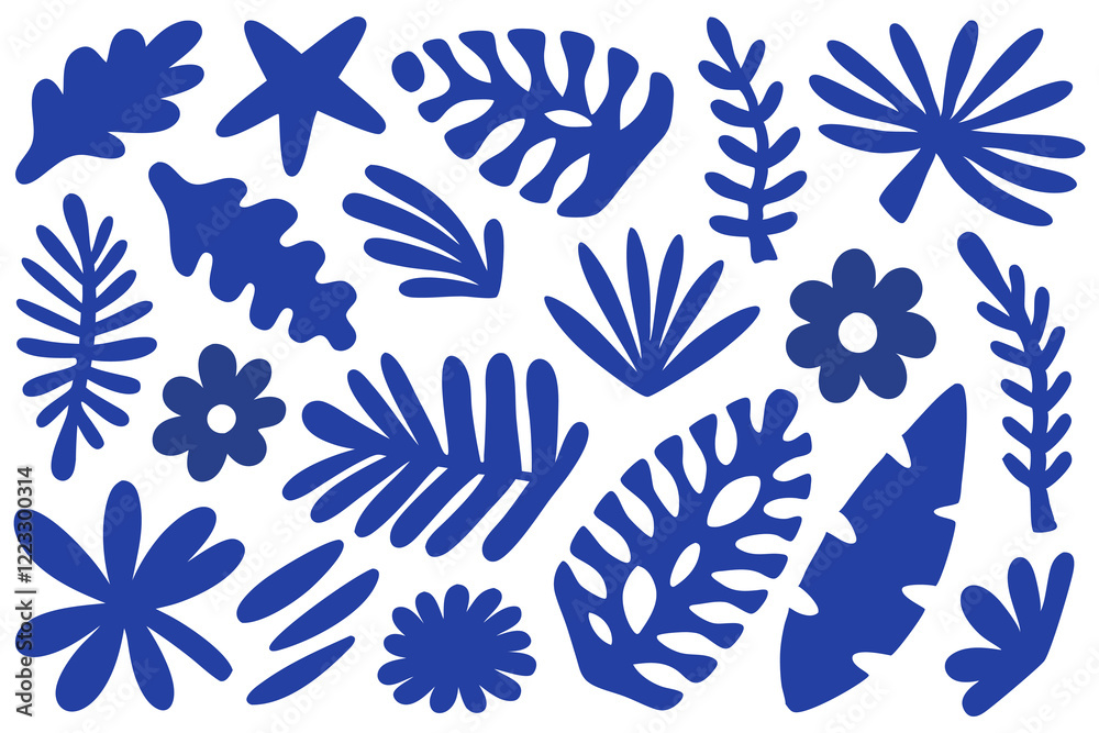 Colorful abstract botanical shapes in vibrant blue and white background Colorful abstract botanical shapes in vibrant blue and white background