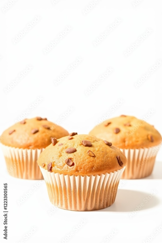 three muffins with chocolate chips on top of them on a white surface three muffins with chocolate chips on top of them on a white surface