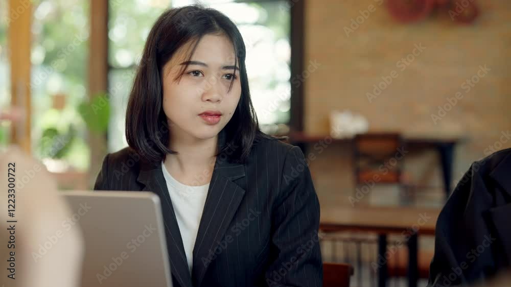 A woman in a black suit is sitting at a table with a laptop. She is looking at the laptop screen and she is focused on her work. The scene suggests a professional setting A woman in a black suit is sitting at a table with a laptop. She is looking at the laptop screen and she is focused on her work. The scene suggests a professional setting