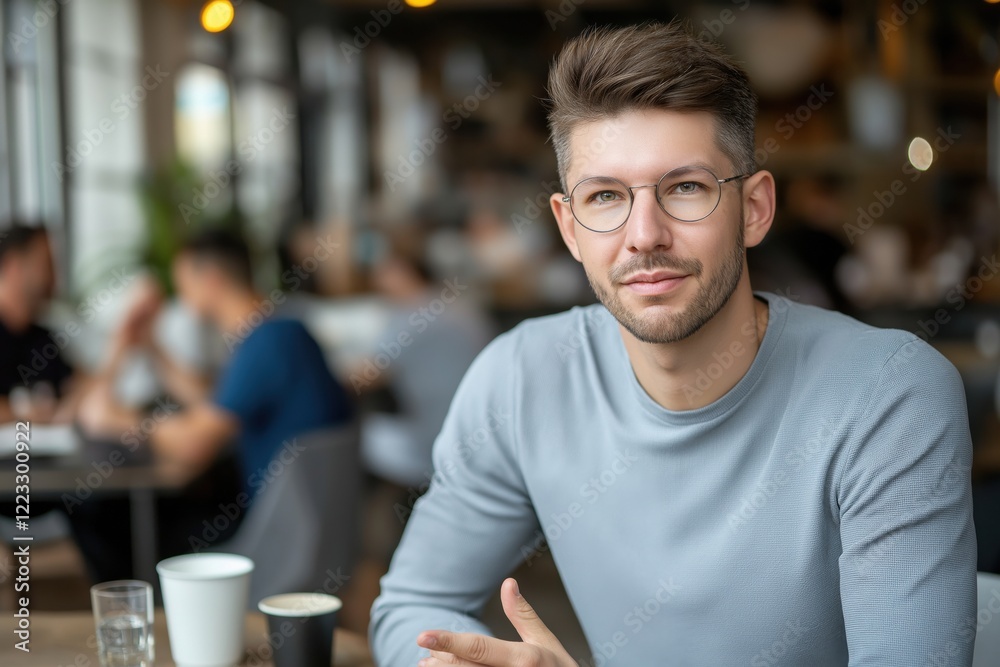 Latin American businessman confidently discussing ideas in a modern office setting while using hand gestures to emphasize points Latin American businessman confidently discussing ideas in a modern office setting while using hand gestures to emphasize points
