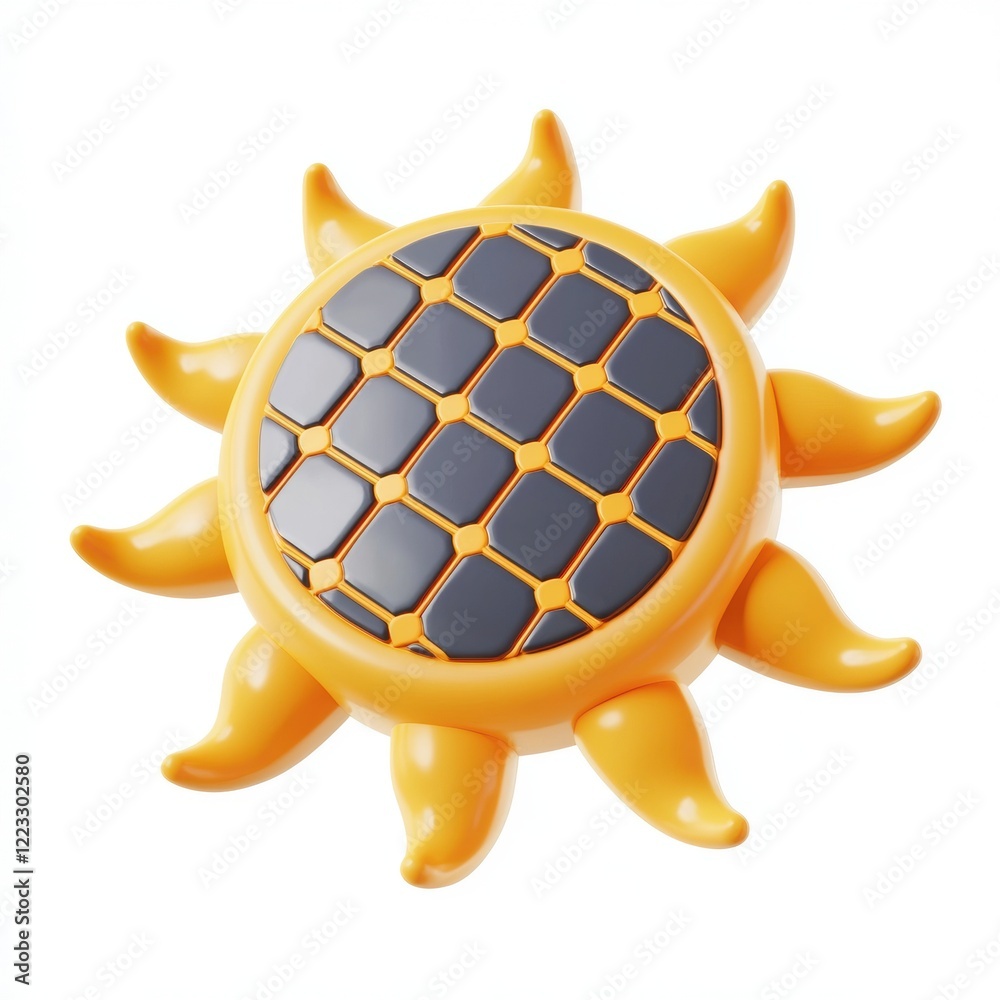 3D icon cartoon sun with solar panels generating electricity, isolated on a white background 
