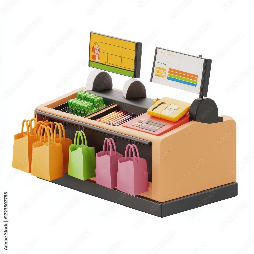 3D icon cartoon supermarket checkout with grocery bags, isolated on a white background -