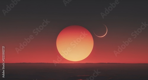 Alien Planet's fiery sunset with two eclipses photo