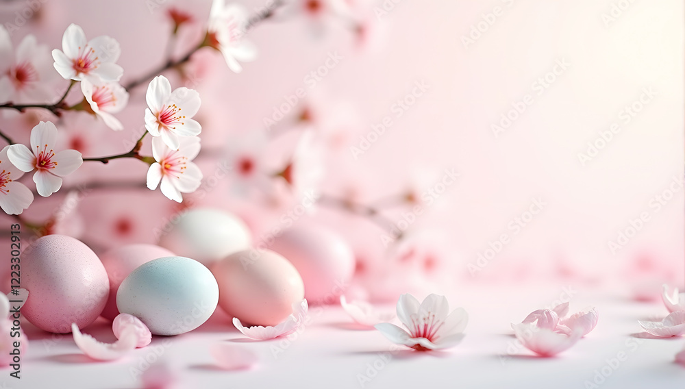 Pink cherry blossoms surrounding pastel-colored Easter eggs on a soft, delicate background, providing plenty of copy space for elegant seasonal greetings or holiday designs. Pink cherry blossoms surrounding pastel-colored Easter eggs on a soft, delicate background, providing plenty of copy space for elegant seasonal greetings or holiday designs.