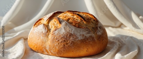 Artisan Round Bread Loaf with Golden Crust on Soft Fabric Background Ideal for Breakfast and Culinary Presentations with Copy Space