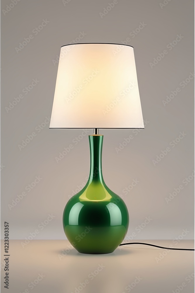 there is a green lamp that is on a table