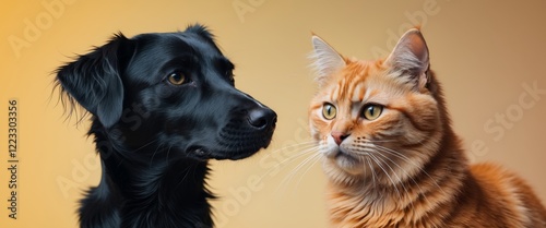 Black dog and orange cat looking in different directions on yellow background photo