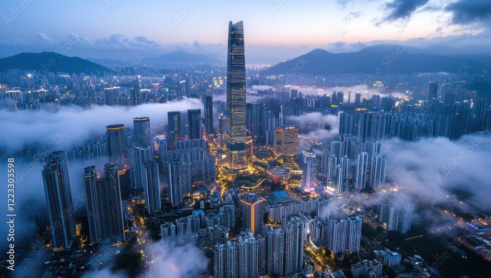 Fototapeta premium A Stunning Aerial View of Shenzhen Skyline Enveloped in Morning Mist