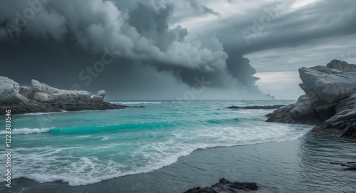 Breathtaking Serene Waters with a Stunning Rocky Shoreline Beneath a Dramatic Cloudy Sky
