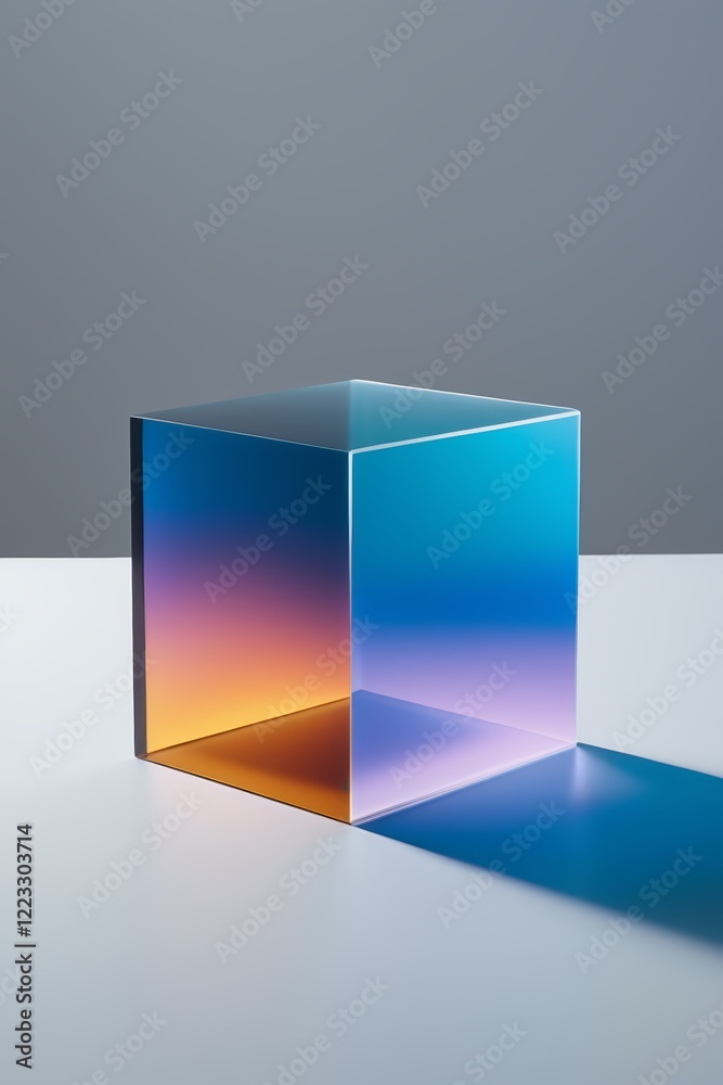there is a glass cube with a blue and orange design on it there is a glass cube with a blue and orange design on it