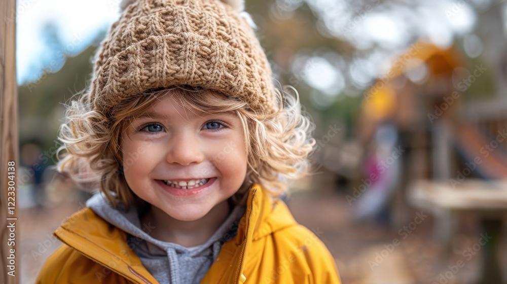 Smiling child wearing a knitted hat and yellow jacket, portrait, copy space Smiling child wearing a knitted hat and yellow jacket, portrait, copy space