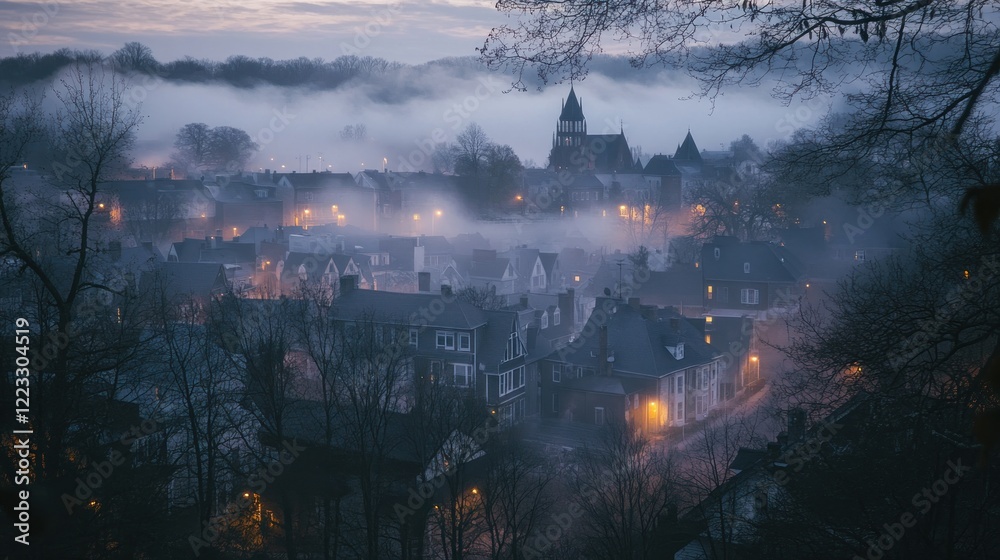Misty Town at Dusk: A Captivating View of a European Village Misty Town at Dusk: A Captivating View of a European Village