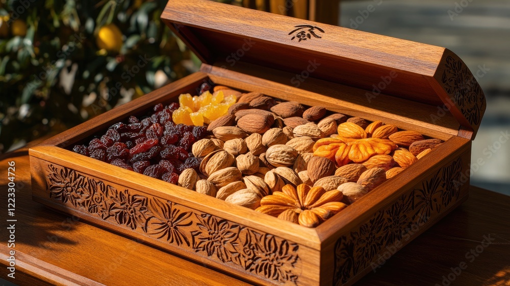 Wooden gift box with laser-etched designs, holding premium dried fruits and whole nuts. Wooden gift box with laser-etched designs, holding premium dried fruits and whole nuts.