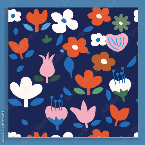 Seamless pattern with floral elements in retro Scandinavian style