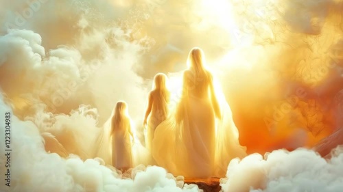 Spirit soul family walking in the clouds toward golden light