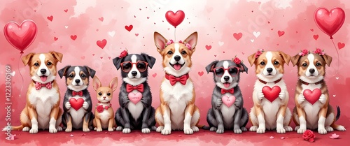Adorable Dogs Celebrating Valentine's Day – Heartwarming Watercolor Art photo
