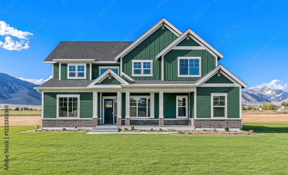 A large two-story house with green walls, white trim, and windows on the front sits in a bright blue sky