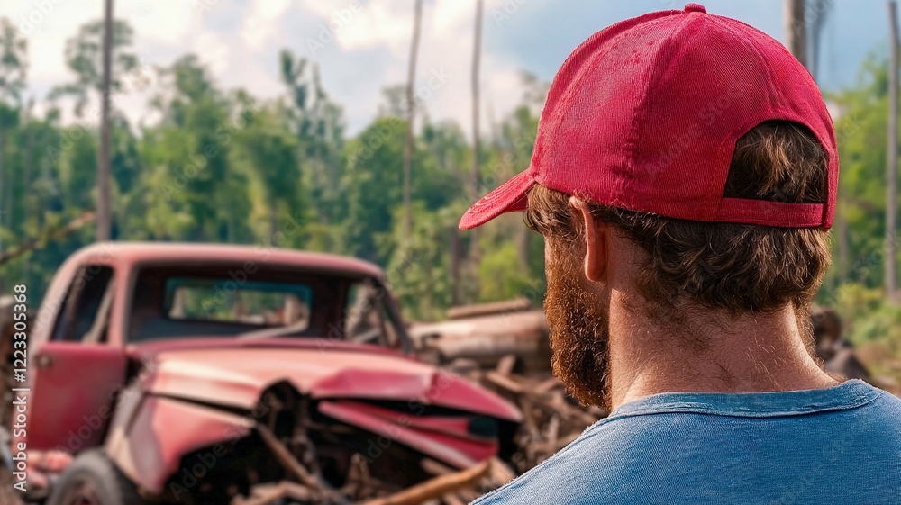 Obraz premium A man in a red cap stands in front of a rusty, abandoned truck amidst a forested area, reflecting on the scene.