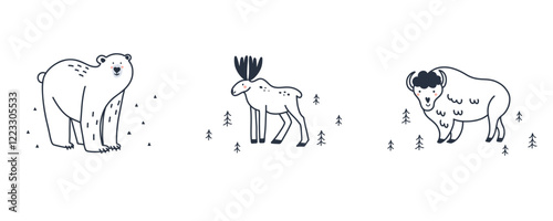 Arctic animal. Doodle Polar bear. Northern cute inhabitant. Character in snow forest. T-shirt print, card or poster. Childish and baby decorative cute cartoon flat isolated north fauna illustration