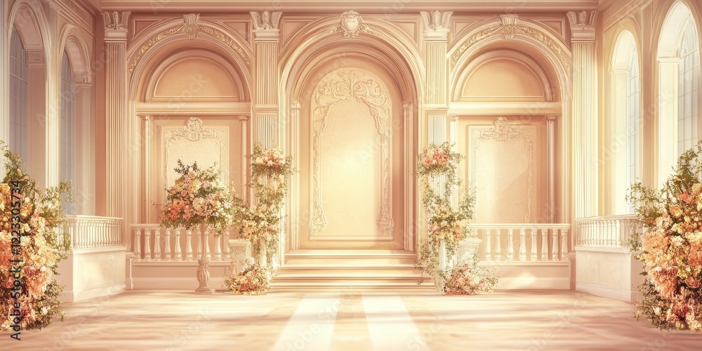 Naklejka premium Elegant Ballroom Wedding Ceremony Setting Decorated With Flowers