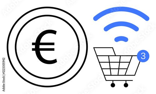 Euro currency symbol, wireless signal, and shopping cart with three items. Ideal for e-commerce, online shopping, digital marketing, wireless technology, Euro transactions, mobile apps financial